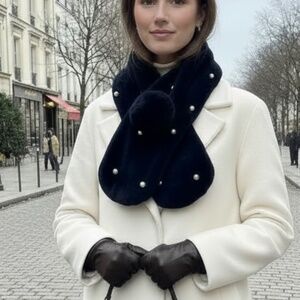 B021 Luxury Navy Faux Fur Scarf with Pearls Pom Winter Neck Wrap Plush Chic Warm